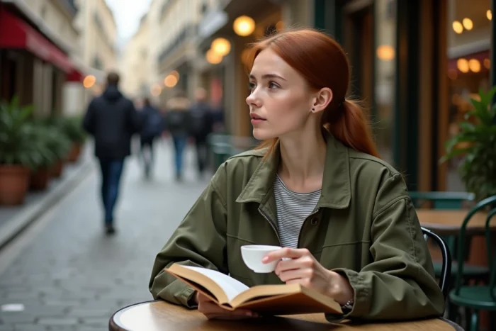 Jeune femme lisant un roman en terrasse de café parisien avec une tasse d'espresso à la main