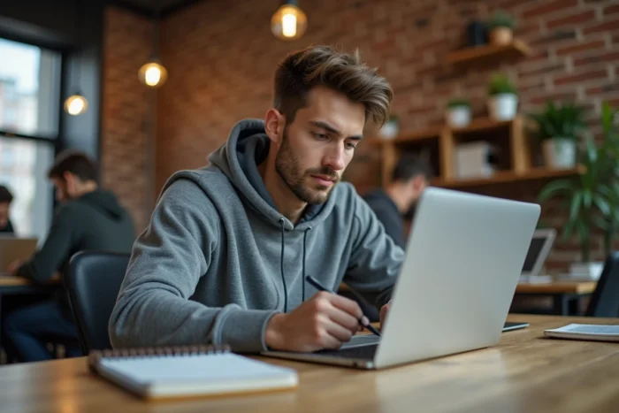 Jeune homme travaillant sur son ordinateur portable dans un espace de co-working pour développer ses compétences professionnelles