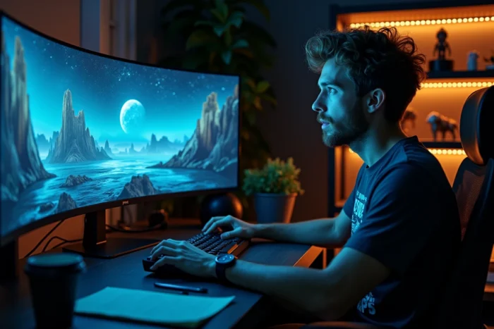Jeune homme passionné de science-fiction regardant une série Netflix sur un écran ultrawide dans un bureau gaming à domicile
