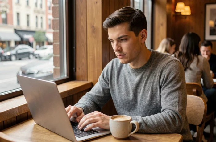 Jeune professionnel suivant une formation en ligne sur son ordinateur portable dans un café urbain