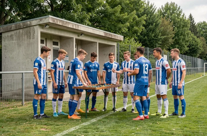 Joueurs amateurs d'un club du district foot 91 en réunion tactique en bord de terrain en Essonne