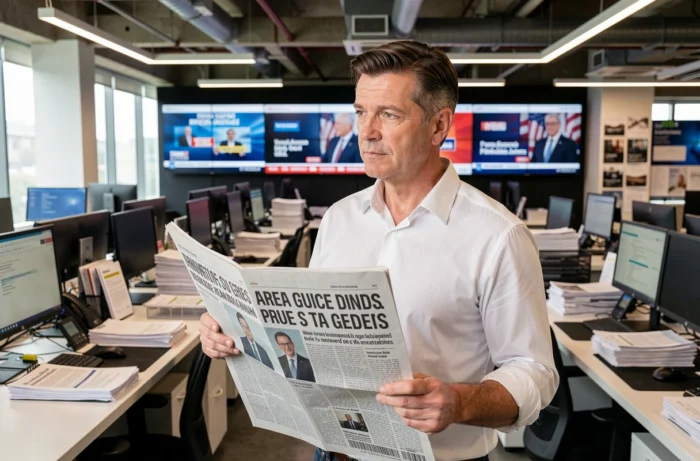Journaliste lisant un journal dans une salle de rédaction professionnelle moderne