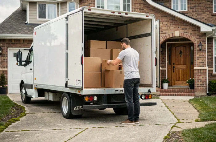 Homme chargeant des cartons de meubles dans un camion de déménagement blanc devant une maison