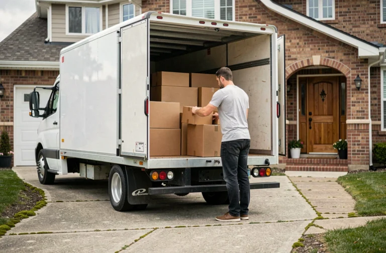 Homme chargeant des cartons de meubles dans un camion de déménagement blanc devant une maison