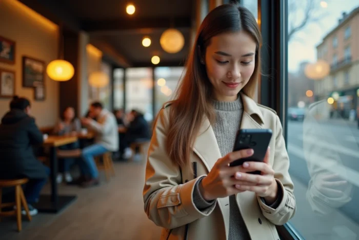 Jeune femme consultant un magazine numérique gratuit sur smartphone dans un café