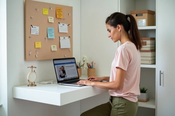 Jeune maman debout dans un bureau à domicile organisé consultant des ressources parentales sur un ordinateur portable
