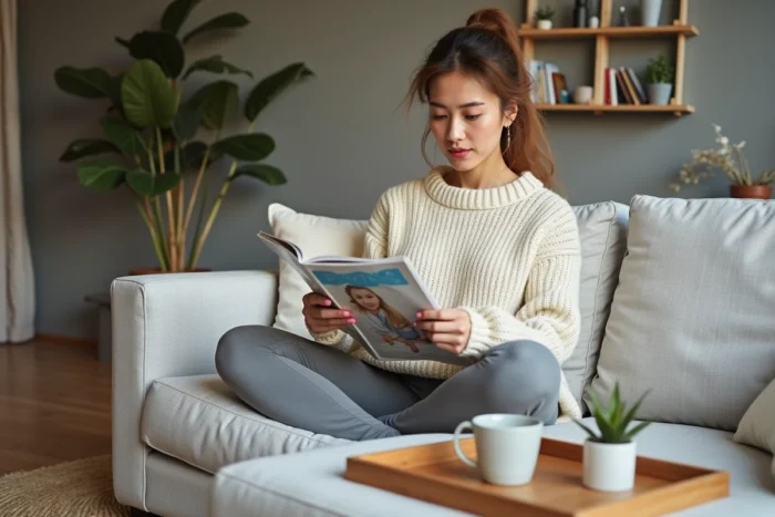 Maman détendue sur un canapé lisant un magazine de conseils parentaux dans un salon cosy et bien rangé