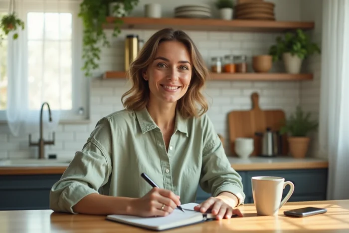 Maman organisée à la table de cuisine avec un carnet de notes et un smartphone affichant une liste de tâches quotidiennes