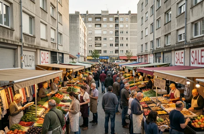 Marché de quartier animé en banlieue française avec tours HLM en arrière-plan