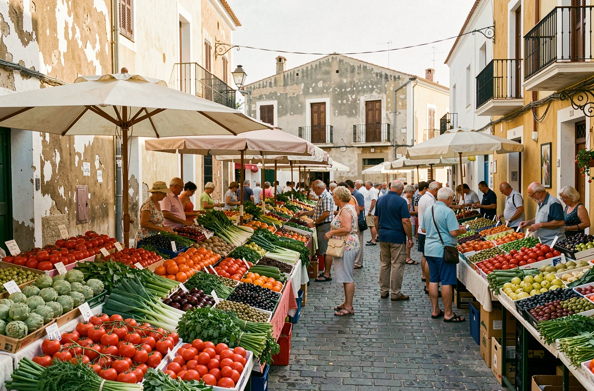 Vue d'ensemble animée du marché en plein air de Porto Torres avec des étals de fruits et légumes frais et des acheteurs locaux