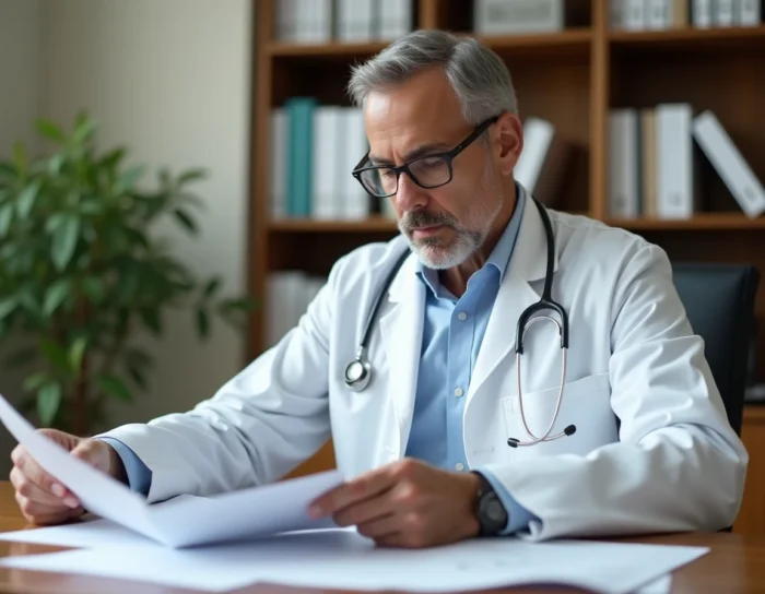 Médecin expert en blouse blanche analysant des documents sur un complément hépatique comme Hépaliv à son bureau