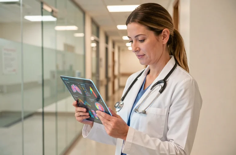 Médecin femme consultant des données médicales innovantes sur tablette numérique dans un couloir hospitalier moderne