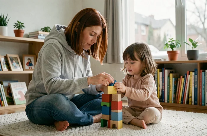 Mère et enfant jouant ensemble sur le sol du salon, construisant une tour de blocs en bois dans une atmosphère détendue et bienveillante