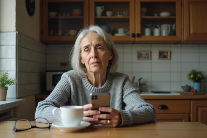 Mère d'âge mûr seule à sa table de cuisine tenant son téléphone avec une expression inquiète, illustrant la rupture de communication avec un fils adulte