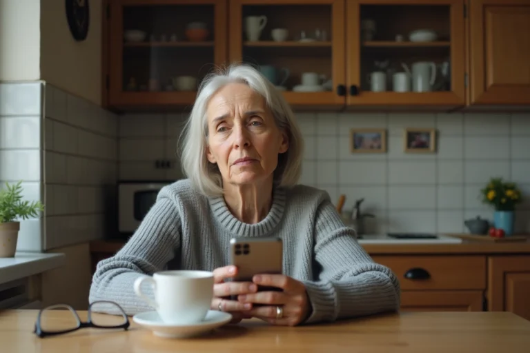 Mère d'âge mûr seule à sa table de cuisine tenant son téléphone avec une expression inquiète, illustrant la rupture de communication avec un fils adulte