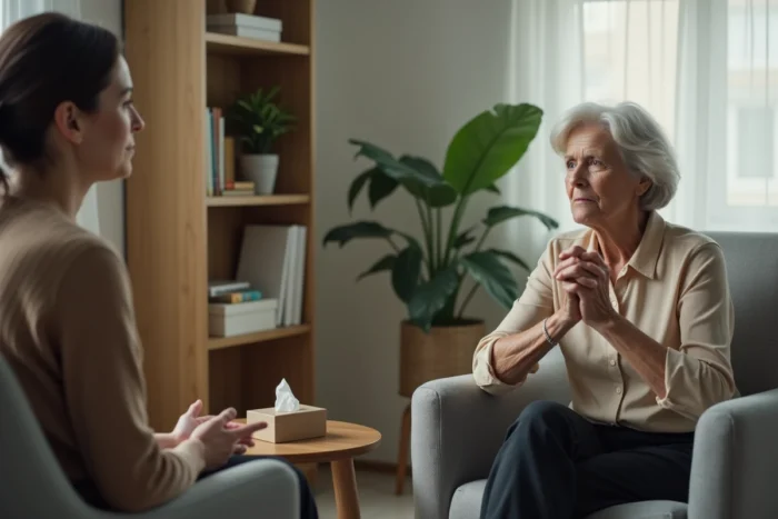 Mère d'une soixantaine d'années en séance de thérapie avec une conseillère, cherchant des solutions face au silence de son fils adulte