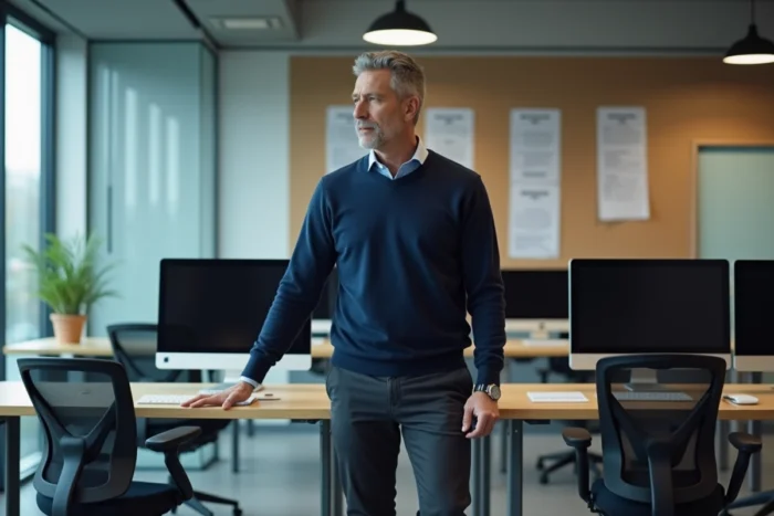Professeur consultant sa messagerie académique Lyon debout dans une salle des professeurs moderne