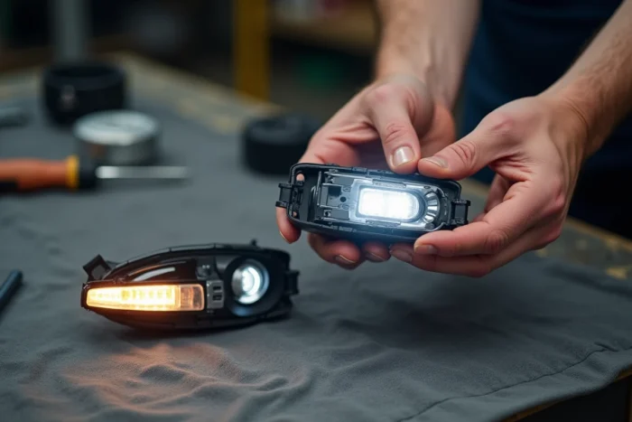 Gros plan sur un nouveau module de feu de jour LED pour Peugeot 308 tenu à la main