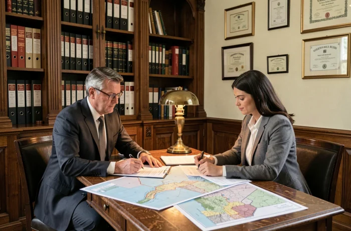 Notaire et acheteur consultant des documents officiels pour l'acquisition d'un terrain agricole