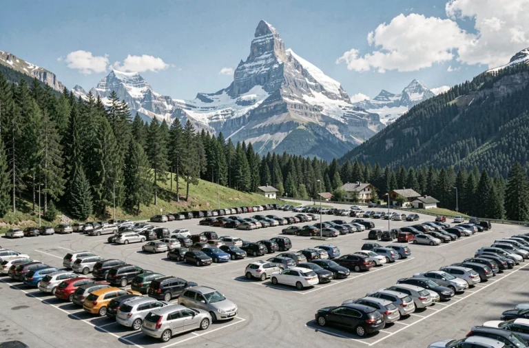 Parking de Chamonix avec vue sur l'Aiguille du Midi et les sommets enneigés des Alpes