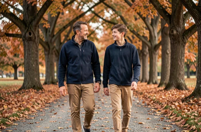 Père et fils adolescent se promenant ensemble dans un parc en automne, partageant une conversation complice parmi les feuilles dorées
