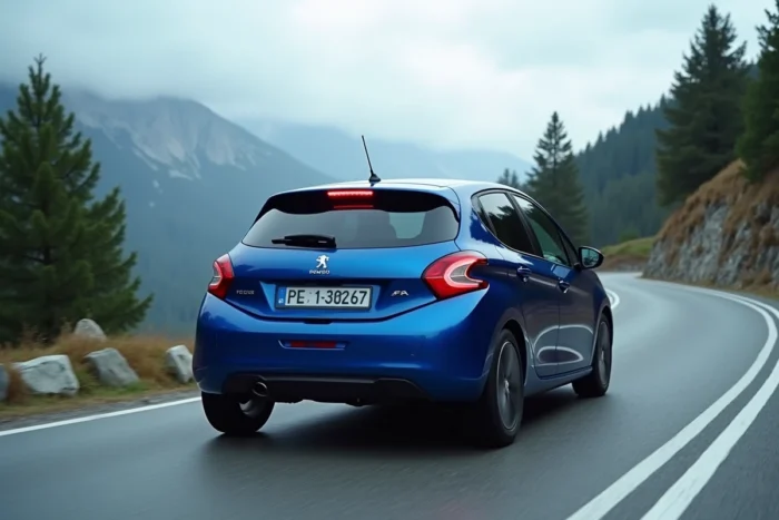 Peugeot 208 bleue électrique sur route de montagne alpine, vue arrière 3/4 en virage