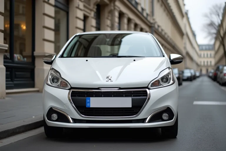 Peugeot 208 blanche métallisée garée dans une rue parisienne, vue 3/4 avant, reflets sur la carrosserie