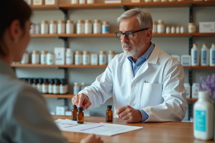 Pharmacien présentant un flacon d'huile essentielle de lavande au comptoir en expliquant les précautions liées aux perturbateurs endocriniens