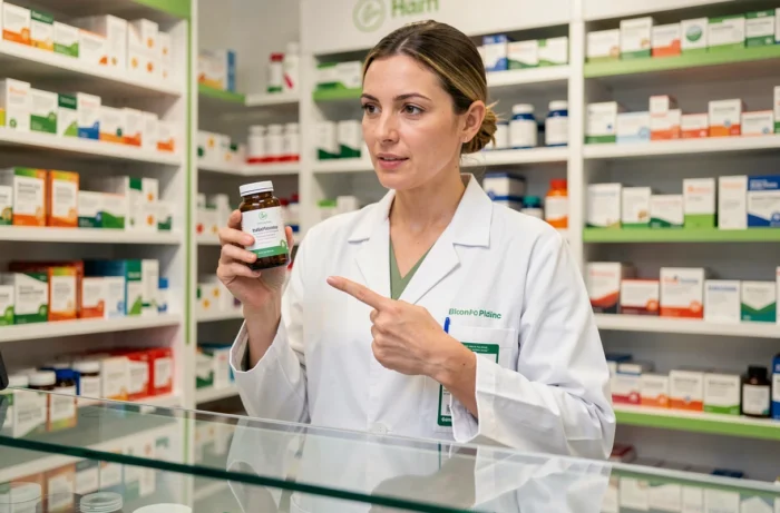 Pharmacienne présentant un complément alimentaire hépatique en officine, analyse professionnelle d'Hépaliv