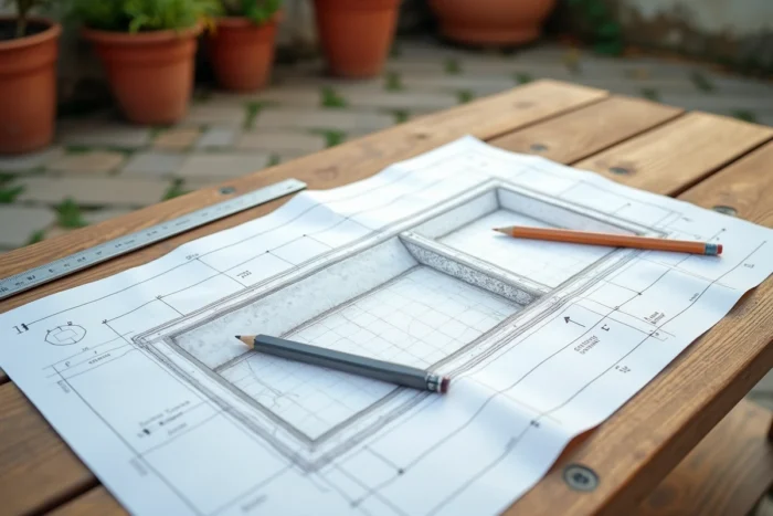 Plan architectural d'une piscine avec dimensions annotées et document fiscal sur une table de jardin, illustrant le calcul des seuils de taxe d'aménagement