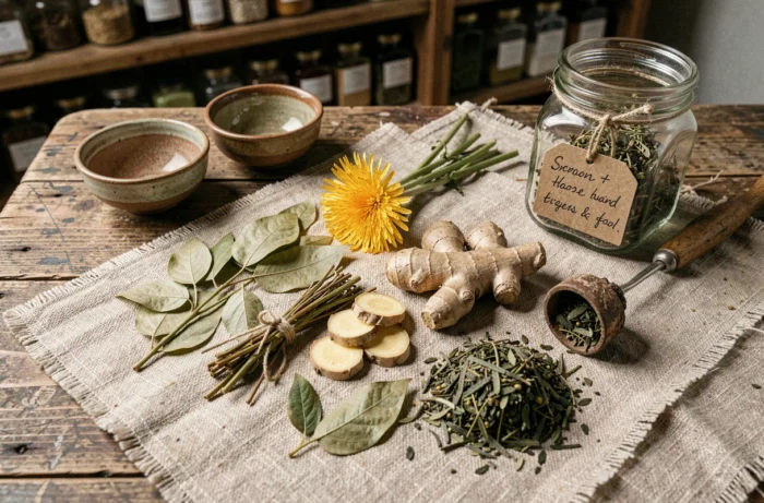 Plantes médicinales et ingrédients de thé détox disposés sur une table en bois, représentant les composants naturels du Lulutox et leurs effets potentiels sur la santé
