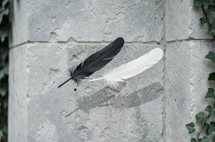 Plume noire et plume blanche flottant devant un mur de pierre ancienne, évoquant un message spirituel et symbolique