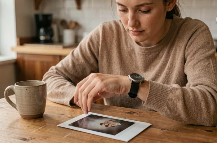 Personne attendant patiemment en regardant sa montre pendant que son tirage Polaroid se développe complètement sur la table
