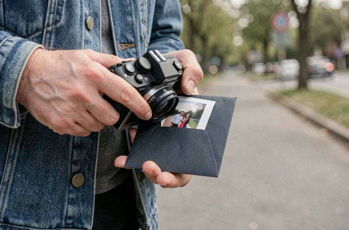 Personne glissant un tirage Polaroid dans une poche sombre juste après son éjection de l'appareil photo
