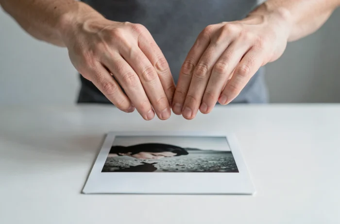 Mains immobiles au-dessus d'un tirage Polaroid posé à plat illustrant l'interdiction de secouer le film