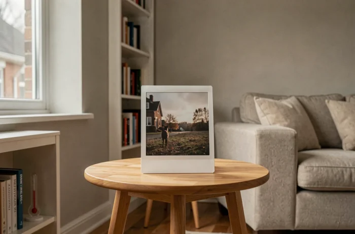 Photo Polaroid posée sur une table dans une pièce intérieure sèche et tempérée avec hygromètre visible en arrière-plan