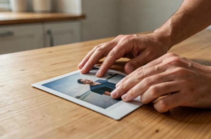 Mains posant délicatement un tirage Polaroid face vers le haut à plat sur une surface en bois