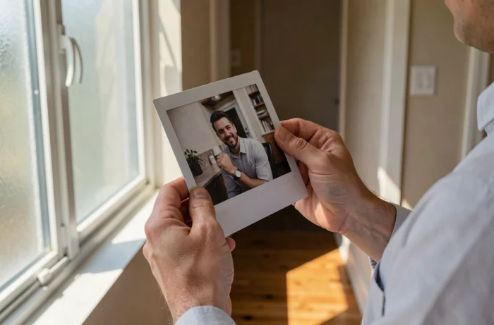 Personne protégeant un tirage Polaroid de la lumière directe du soleil avec ses mains devant une fenêtre