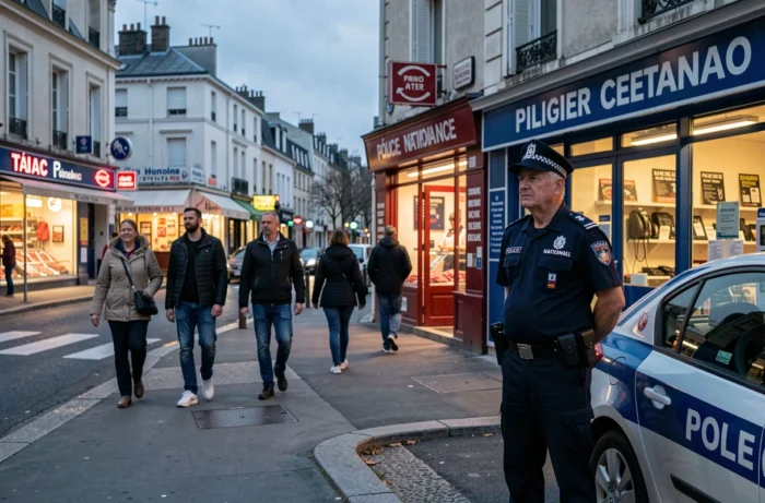 Agent de police nationale observant une rue commerçante multiculturelle dans un quartier urbain français