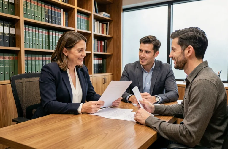Agent immobilier présentant un pré-état daté à un couple acheteur dans un bureau de notaire moderne