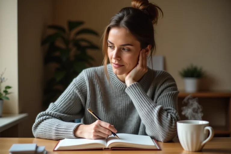 Femme préparant sa consultation de psychothérapie en prenant des notes dans un journal intime à son bureau