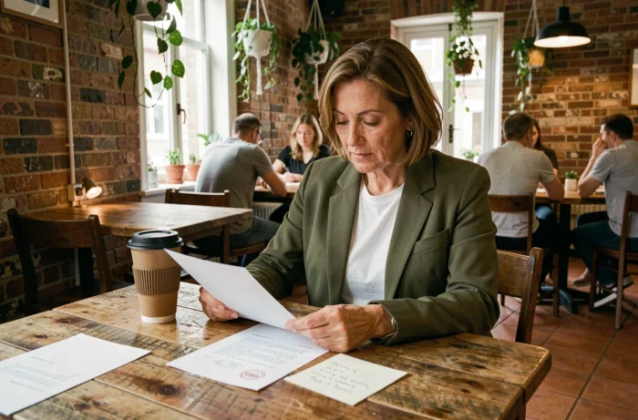 Femme consultant des notes manuscrites dans un café écoresponsable pour préparer un message de contact destiné à l'équipe de La Mode Éthique