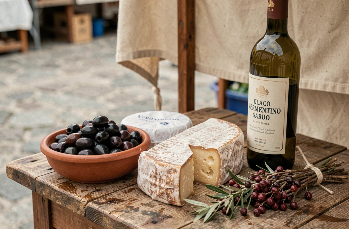 Gros plan de produits typiques sardes sur un marché de Porto Torres : olives noires, pecorino sardo, baies de myrte et vin Vermentino