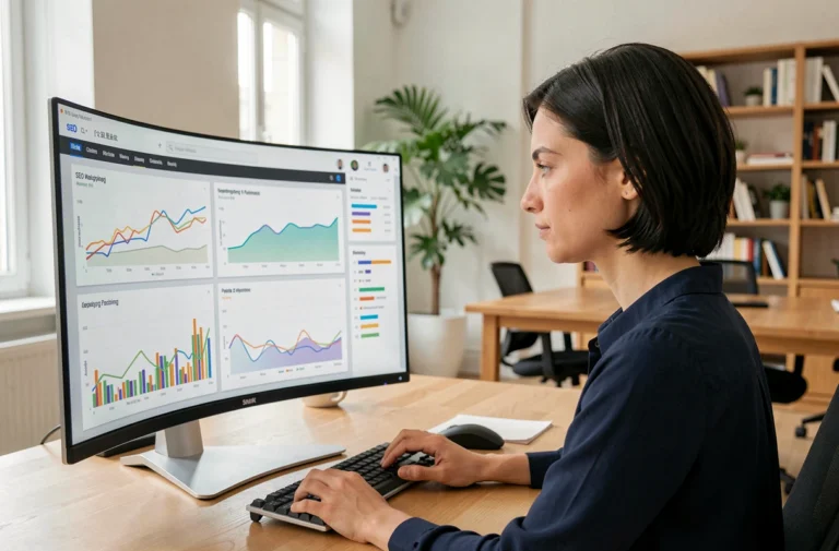 Une professionnelle du SEO analysant les positions Google sur un logiciel de suivi de mots-clés dans un bureau moderne