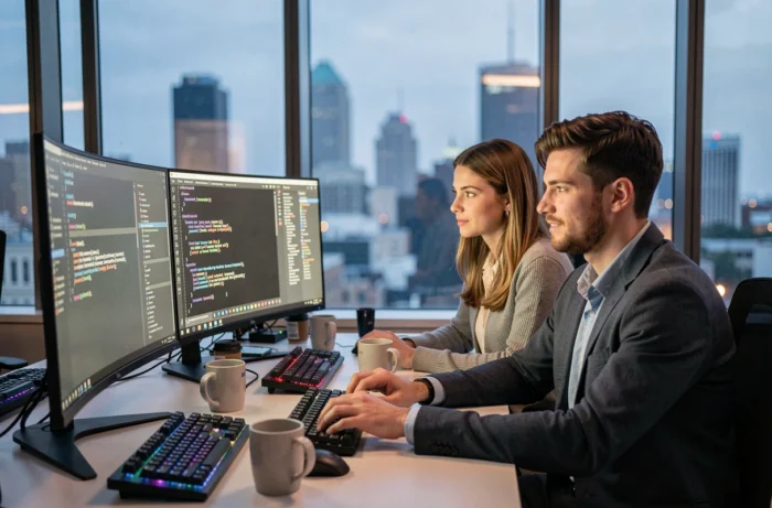 Deux professionnels de la tech collaborant sur des modèles de machine learning dans un bureau avec vue sur la ville