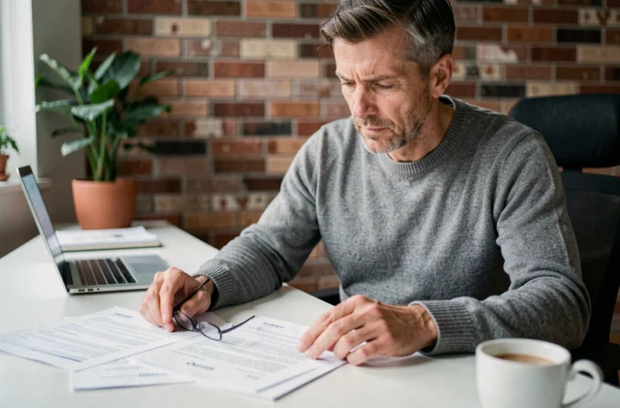Propriétaire étudiant les documents de copropriété incluant le pré-état daté dans son bureau à domicile