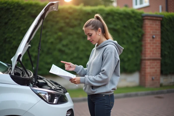 Femme consultant un guide de remplacement des feux diurnes de sa Peugeot 308 dans une allée résidentielle