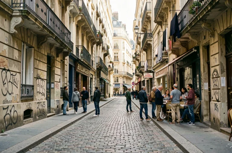 Rue animée d'un quartier populaire urbain en France avec immeubles haussmanniens et habitants du quartier
