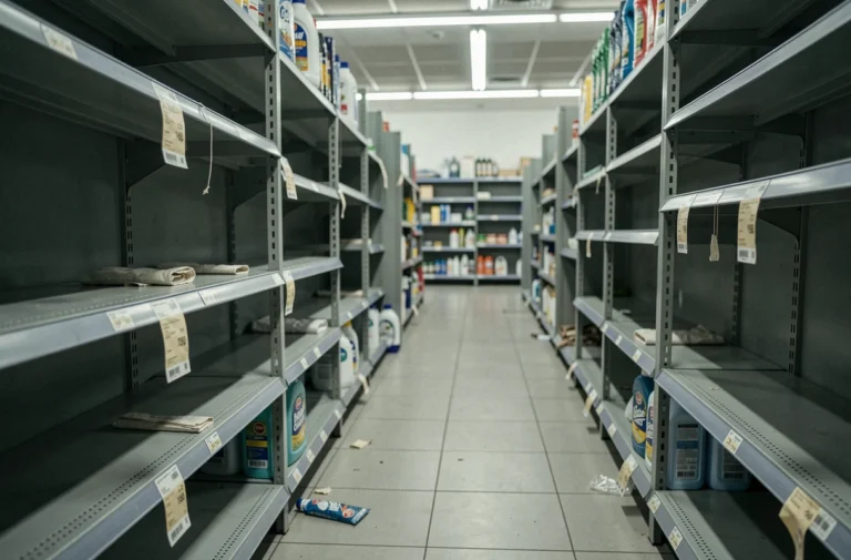 Rayon produits ménagers d'un supermarché avec des étagères presque vides suite à la pénurie de Domestos