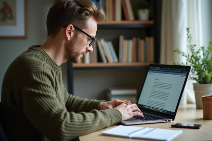 Homme rédacteur web freelance en train d'écrire un article sur son ordinateur portable depuis son domicile, illustrant les plateformes Malt ou Upwork